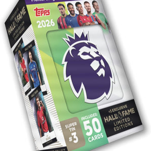 Topps Fodboldkort Premier League 2025/2026 - Super Tin #3 – 50 kort + 3 Hall of Fame Kort