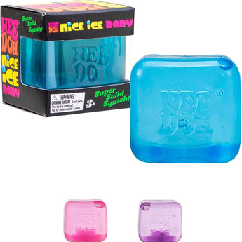 NeeDoh Teenie Nice Ice Cube squishy: æske og blå terning samt lyserød og lilla